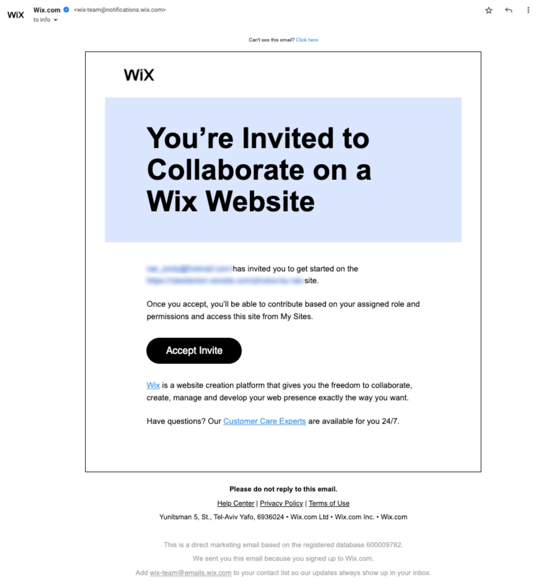 wix collaborator invitation email