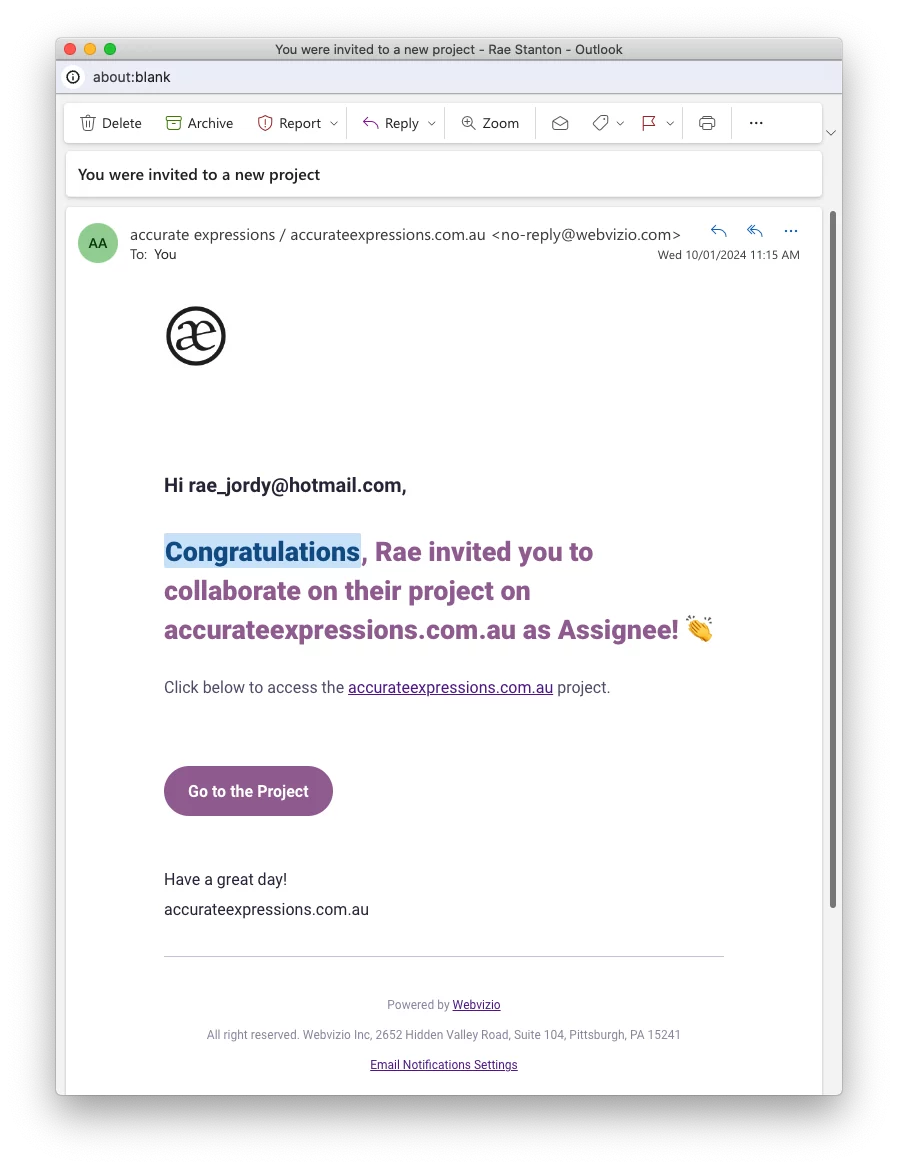 Webvizio Invitation Email | web design by accurate expressions