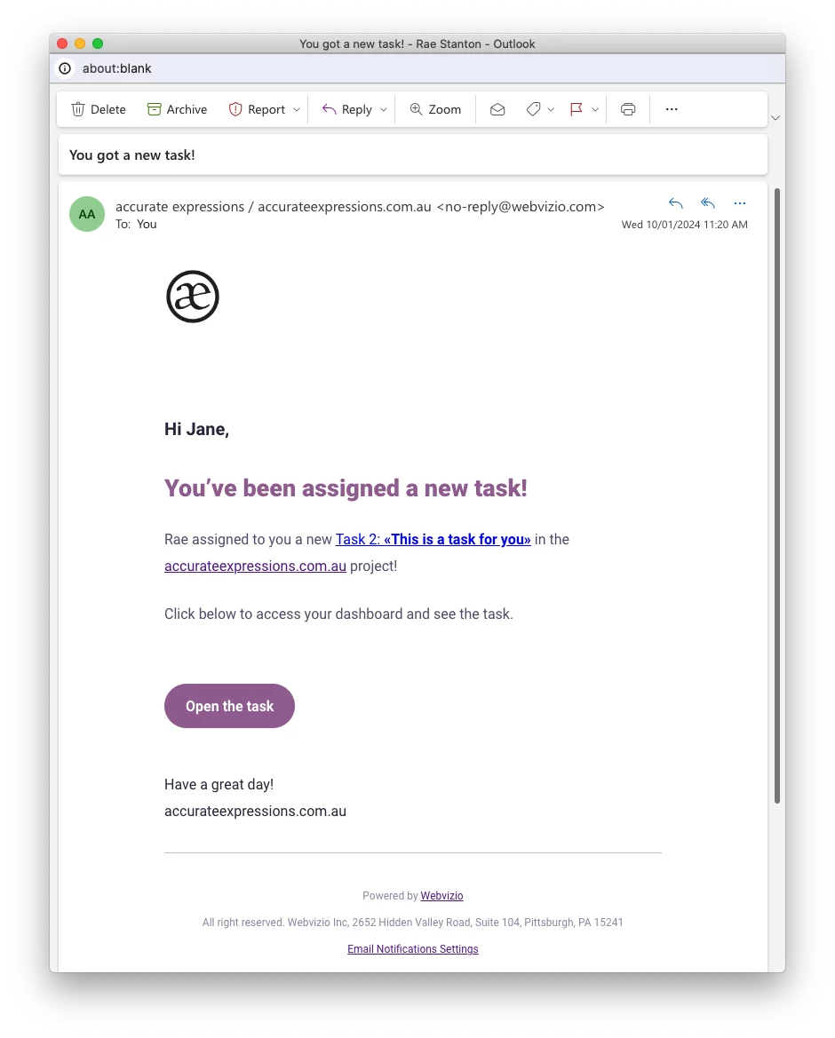 Webvizio New Task Email | web design by accurate expressions