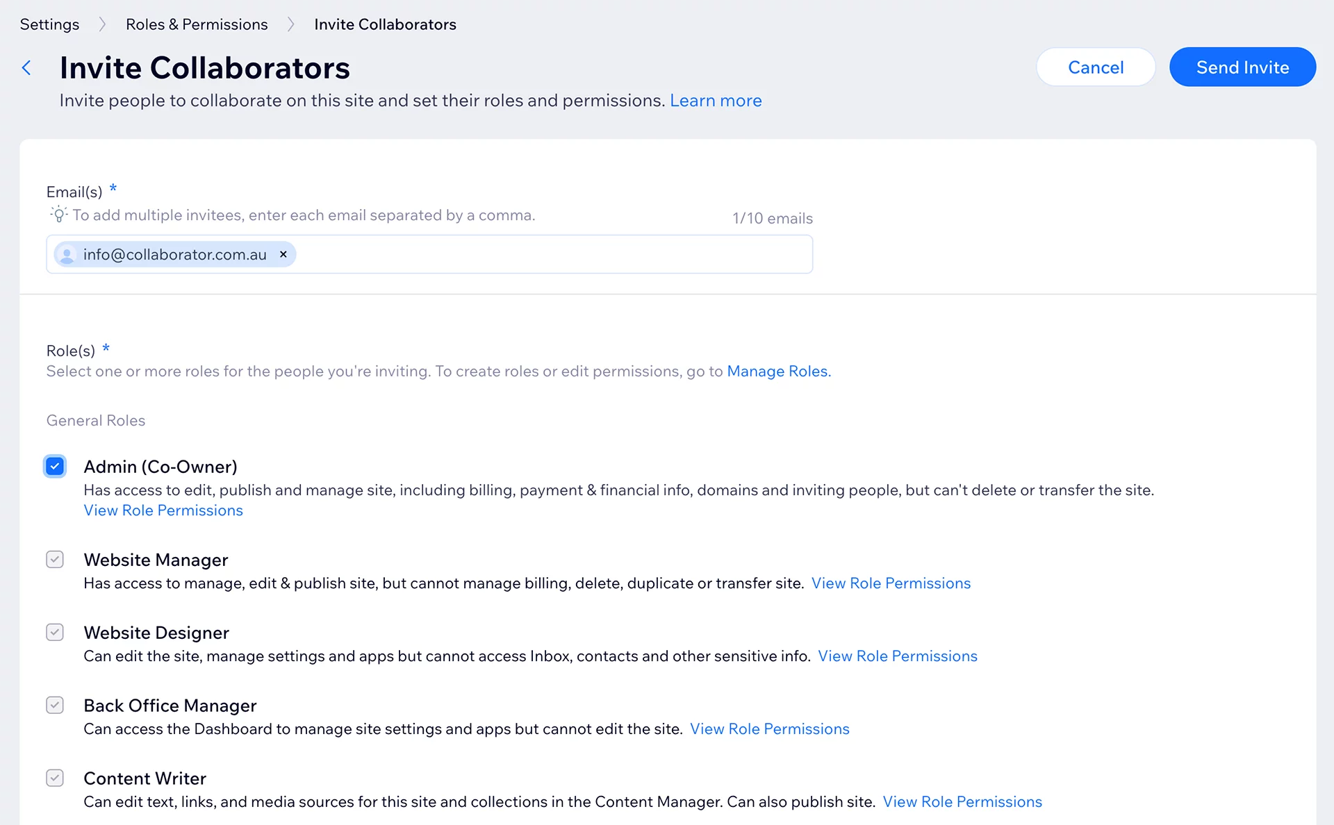 Wix Invite Collaborators screen | accurate expressions