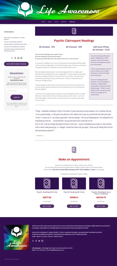 Screenshot of the Psychic Clairvoyant Readings page from lifeawareness.co.nz | web design by accurate expressions