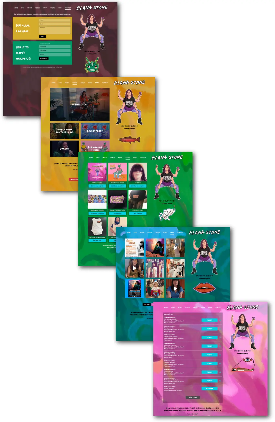 screenshots of elanastone.com.au Contact, Videos, Store, News, Gigs | web design by accurate expressions