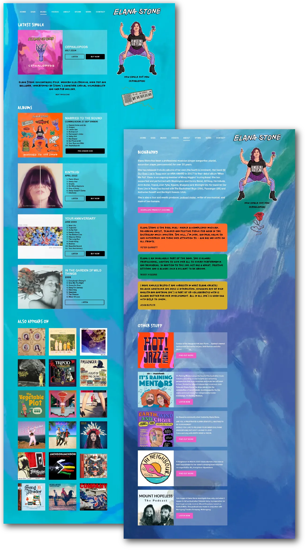 screenshots of elanastone.com.au Music, About | web design by accurate expressions