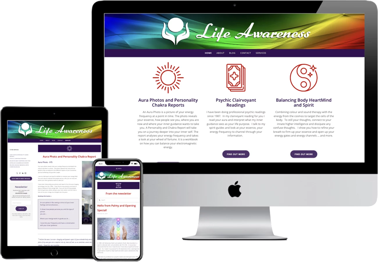 mockup of lifeawareness.co.nz on desktop, tablet, and mobile | website design by accurate expressions