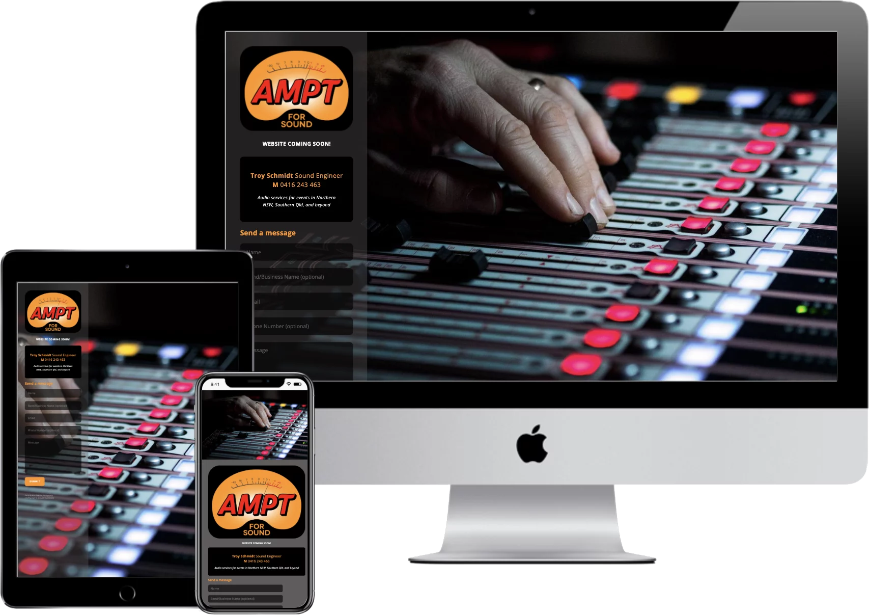 mockup of amptforsound.com.au on desktop, tablet, and mobile | web design by accurate expressions