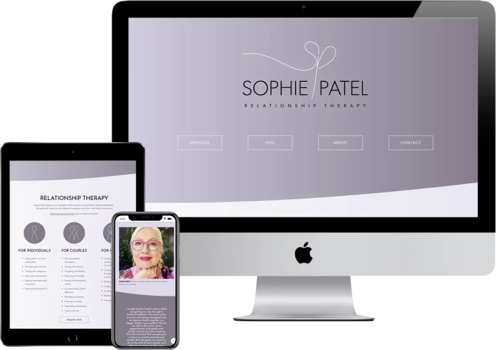 mockup of sophiepatel.com.au on desktop, tablet, and mobile | web design by accurate expressions
