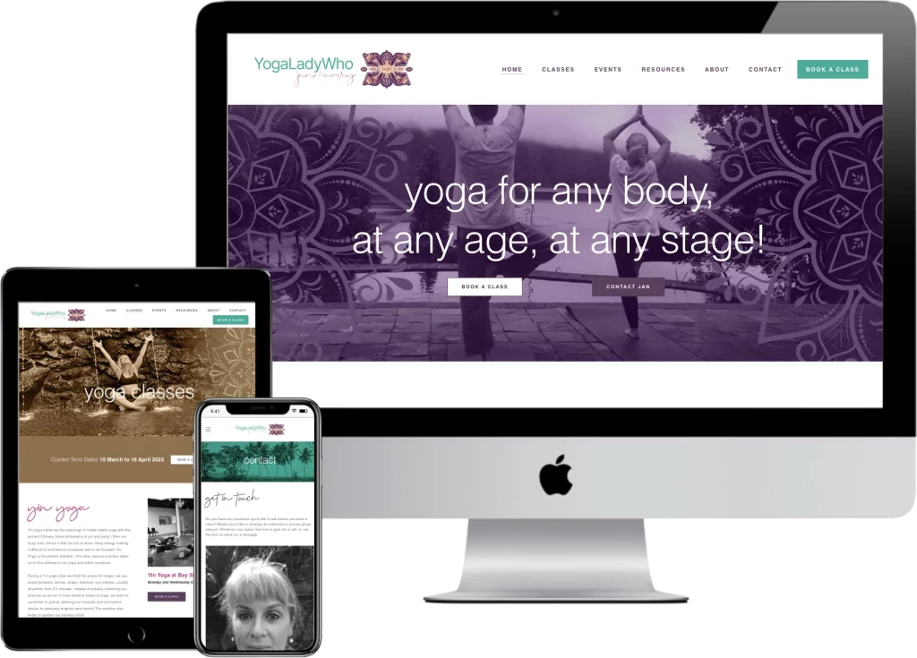 mockup of yogaladywho.com.au on desktop, tablet, and mobile | web design by accurate expressions